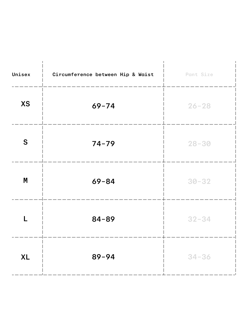 Size chart in centimeters