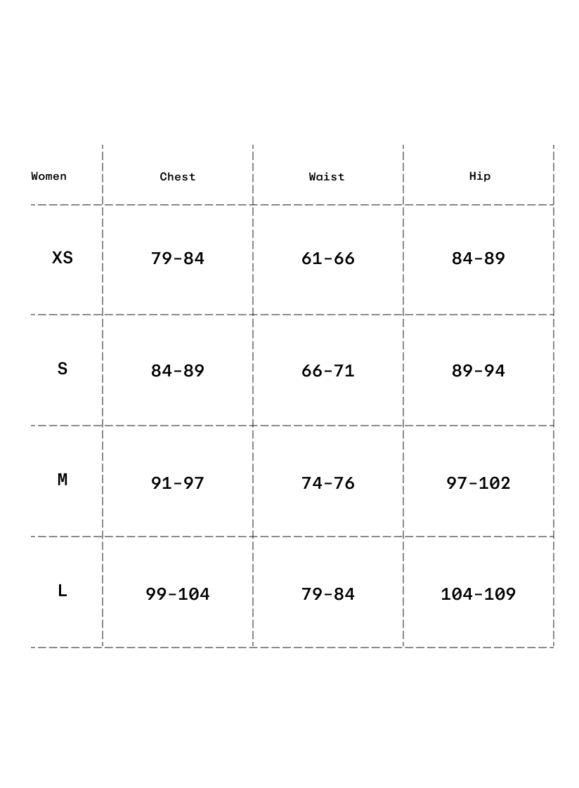 Size chart in centimeters
