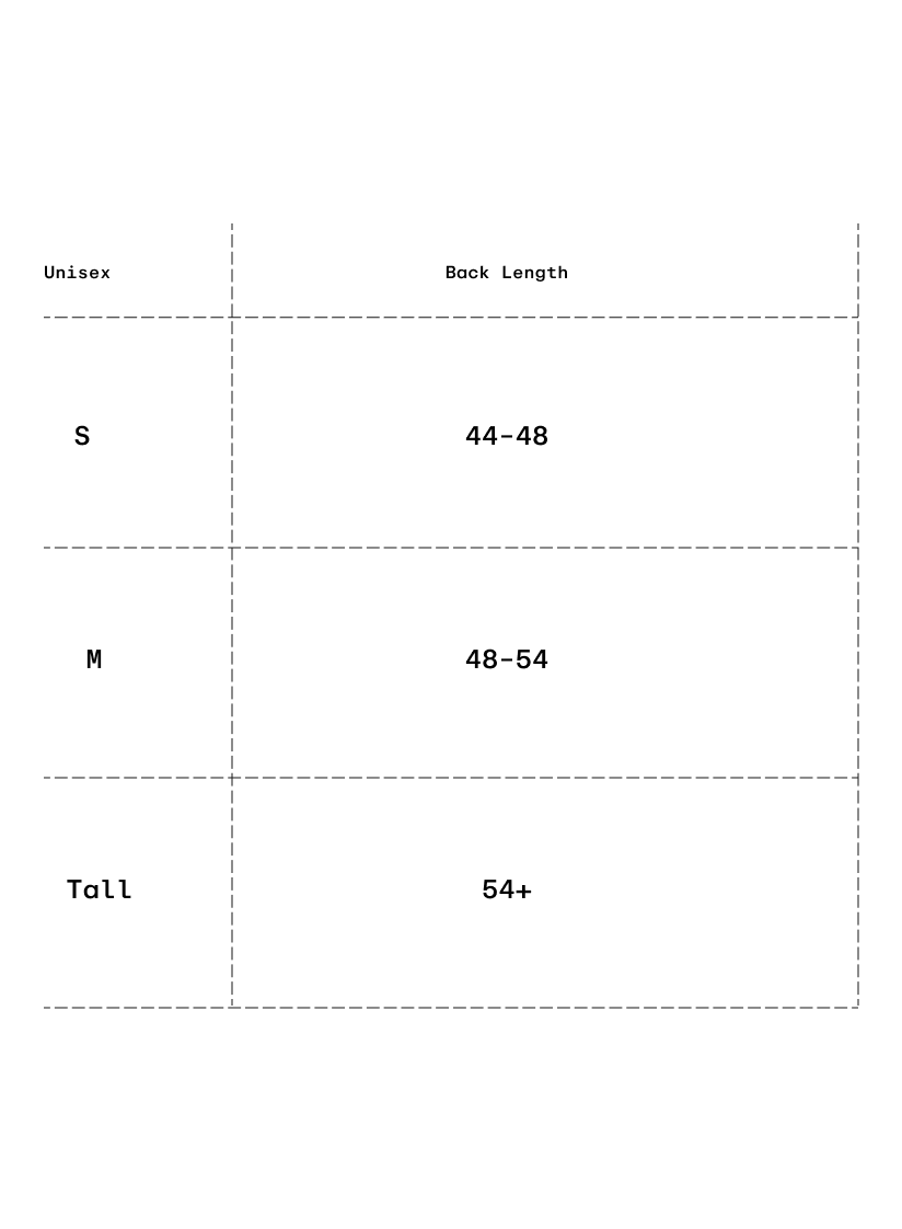 Size chart in centimeters