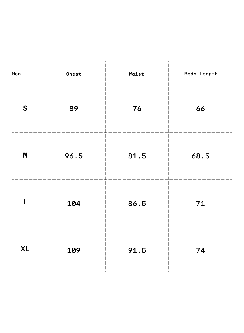 Size chart in centimeters