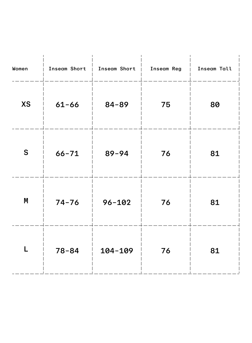 Size chart in centimeters