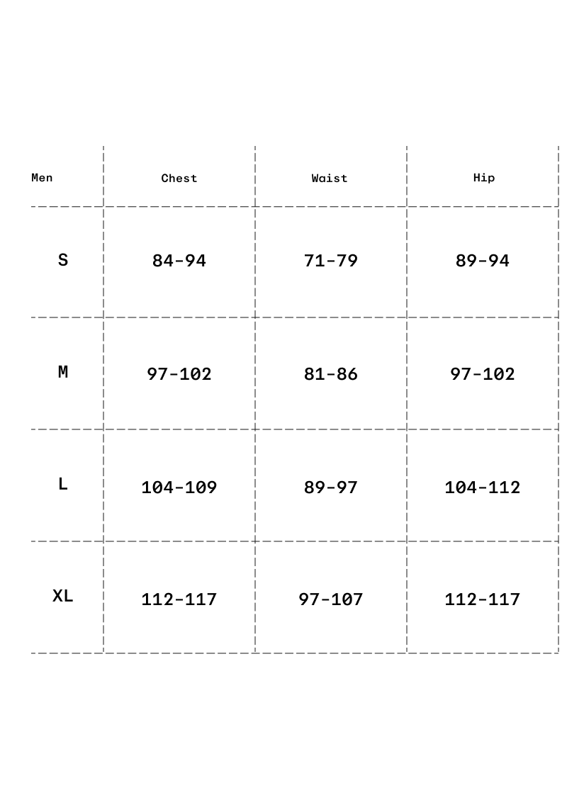 Size chart in centimeters