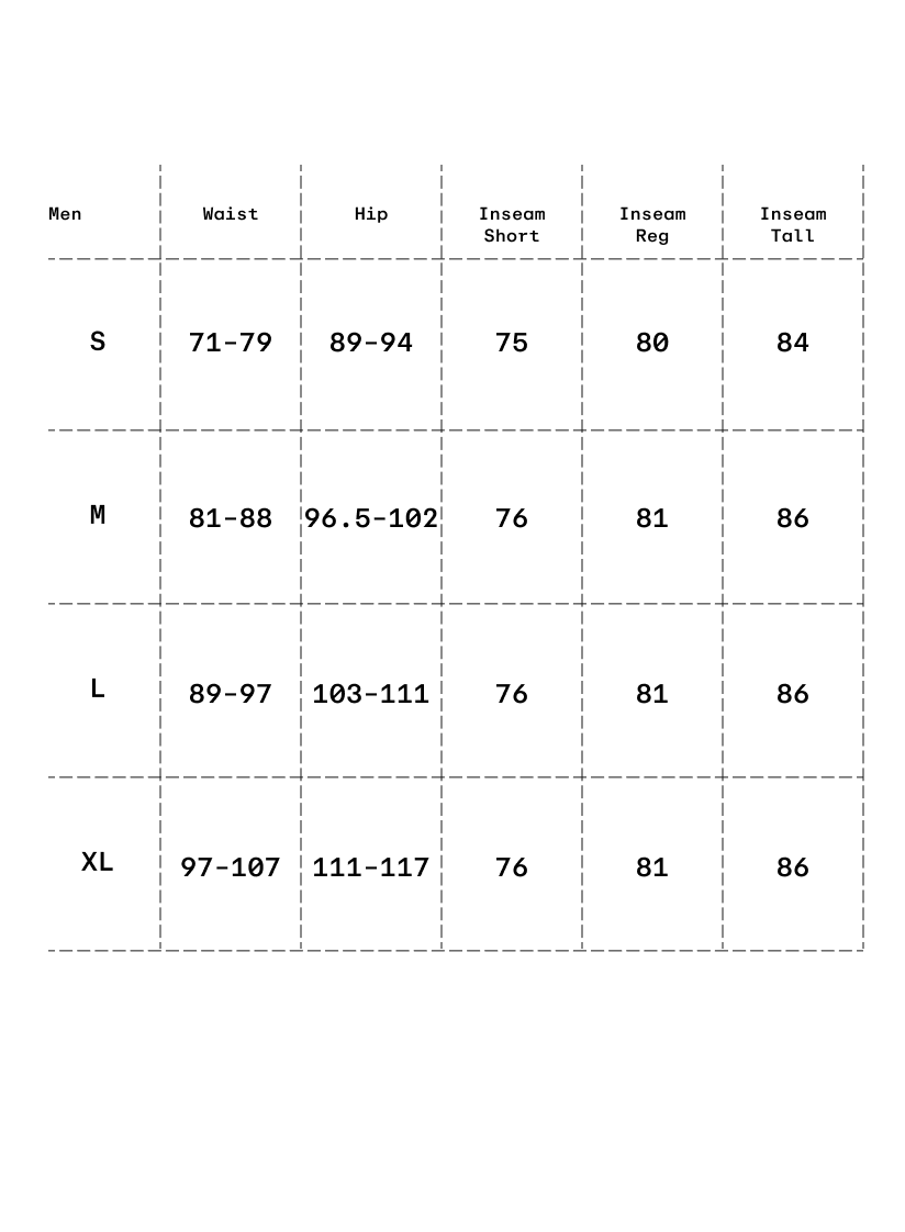 Size chart in centimeters