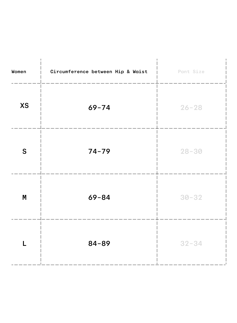 Size chart in centimeters