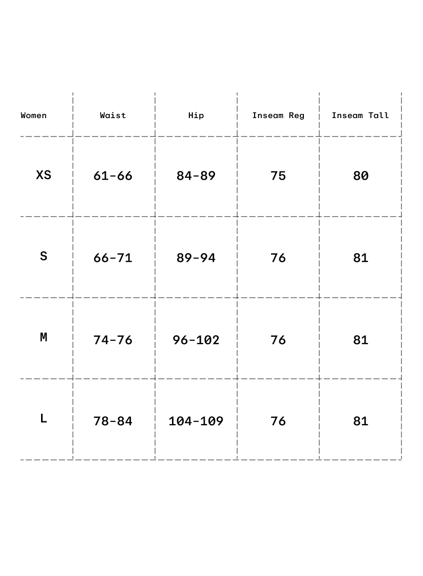 Size chart in centimeters