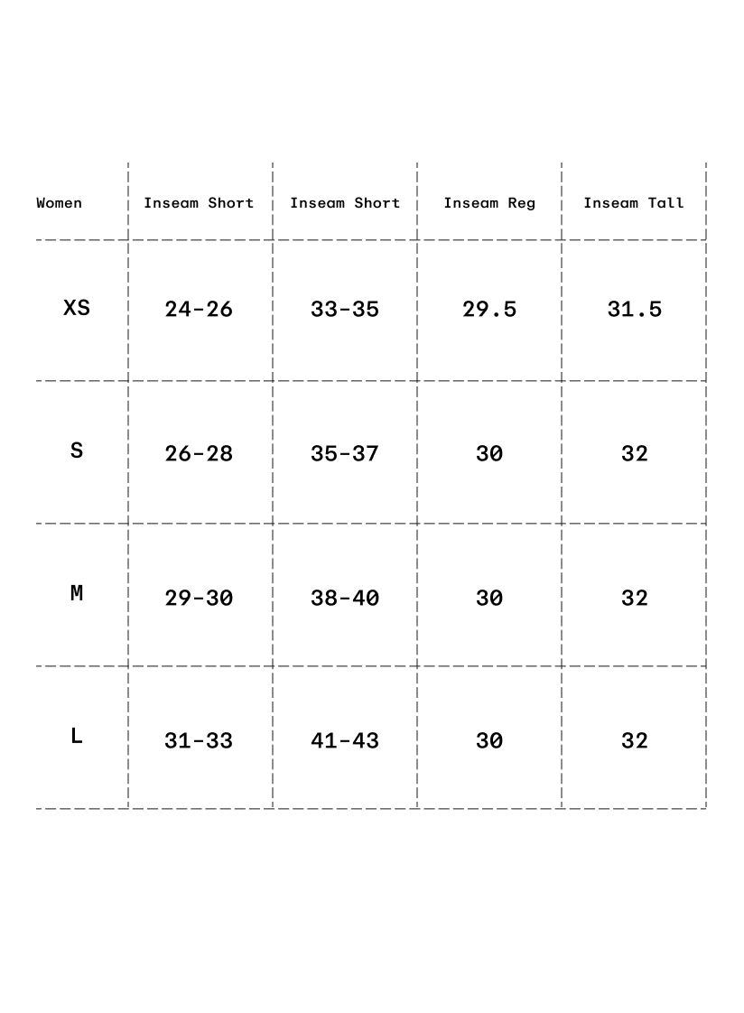 Size chart in inches