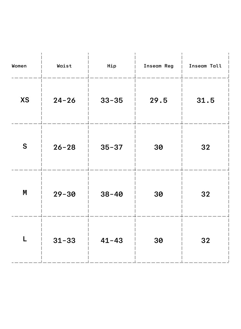 Size chart in inches