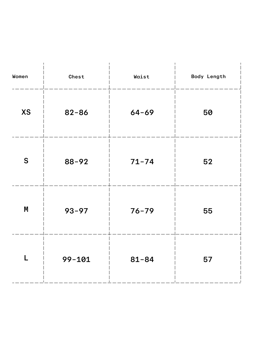 Size chart in centimeters