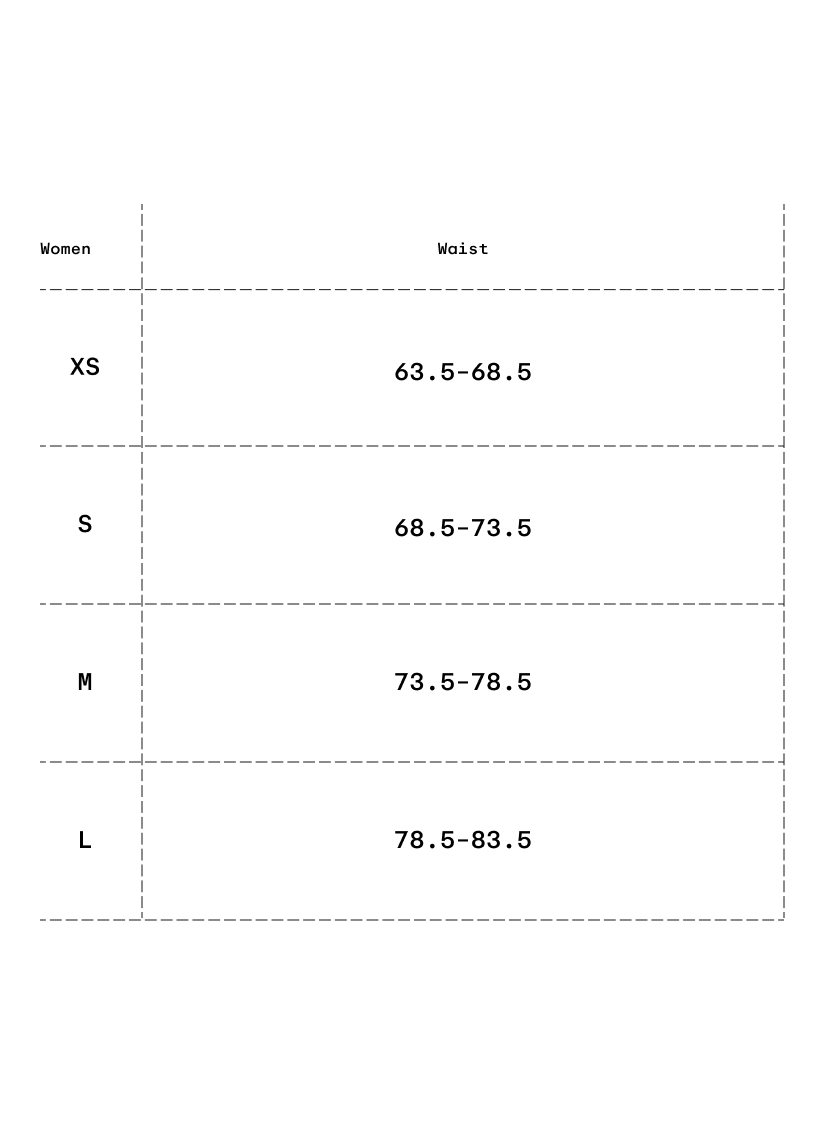 Size chart in centimeters