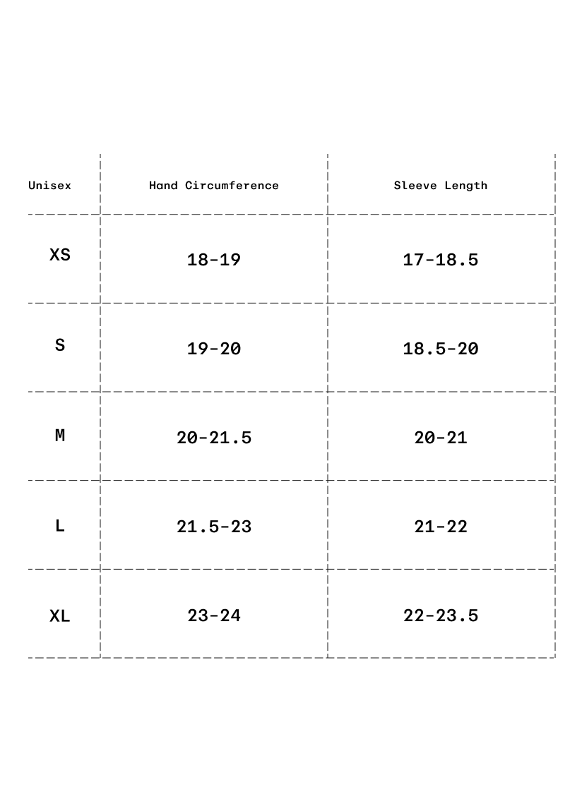 Size chart in centimeters